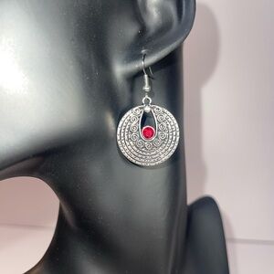 NWOT Silver Tone Round Earrings With Red Center Gem